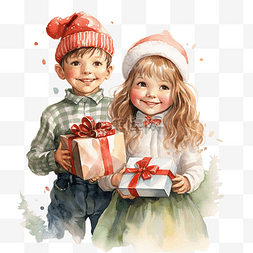 圣诞树旁带着礼盒的快乐小女孩和