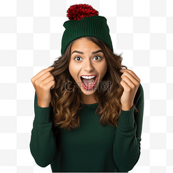 惊讶的人表情图片_戴着圣诞帽戴着孤立的绿色脸上表
