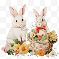 篮子的鸡蛋图片_小兔子和装饰着彩绘鸡蛋和鲜花的