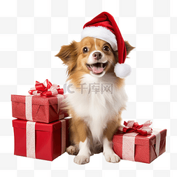 戴着圣诞帽的滑稽可爱的狗，带着