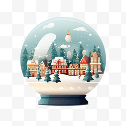 雪扁平装饰图片_玻璃圣诞地球仪，冬季城市景观和