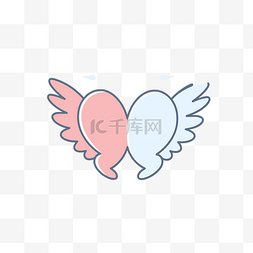 翅膀心形图标图片_两颗心，带有蓝色和粉色翅膀，形