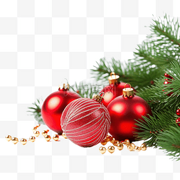 心绿树图片_圣诞球和冷杉树枝，装饰物被白色