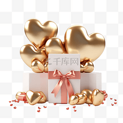 3d 渲染从礼品盒和金色心形框架中