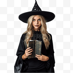 穿着女巫服装拿着一本巫术书在家
