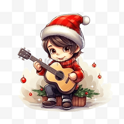 彈吉他图片_穿著聖誕服裝彈吉他的卡通小男孩