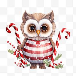 冬季树枝雪花图片_可爱的猫头鹰，带着围巾和拐杖糖