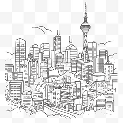 城市素描图片_城市天际线着色页黑白绘图轮廓草