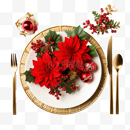 平躺的圣诞餐桌布置，配有盘子和