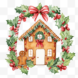 圣诞冬青花环与姜饼屋水彩插图