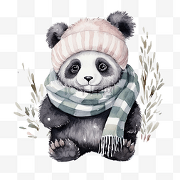 水彩可爱的熊猫动物戴着围巾和帽