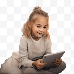 人拿着平板电脑图片_快乐的白人女孩坐在室内的圣诞装