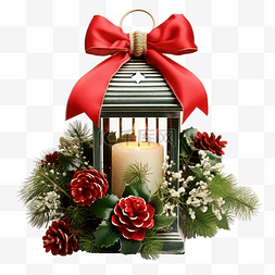 圣诞灯笼图片_有弓花和松枝的圣诞灯笼