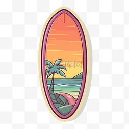 日落与棕榈树和冲浪板贴纸设计 