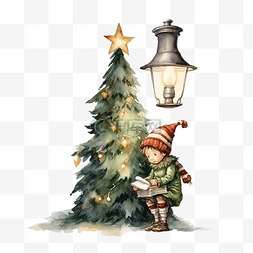 圣诞树灯和精灵的水彩插图