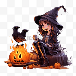 万圣节小巫师图片_快乐的万圣节小女巫坐在燃烧的壁