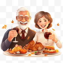 感恩节午餐期间，快乐的祖父母和