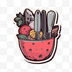 碗里有不同水果的卡通刀人物剪贴