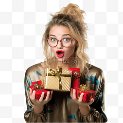 抱礼物的女人图片_戴眼镜带着圣诞礼物的滑稽女孩