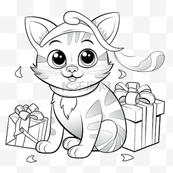 圣诞节着色页上有礼物的卡通猫
