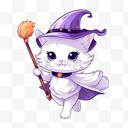 可爱的白色女巫猫万圣节飞行扫帚