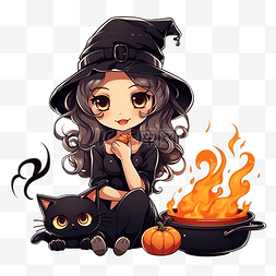 女巫的黑猫图片_卡通可爱万圣节女巫和黑猫做饭