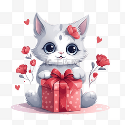 拥抱的手指图片_情人节插画猫，带着礼盒和爱的心