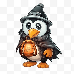 企鹅吉祥物图片_可爱万圣节提着灯笼的南瓜头企鹅