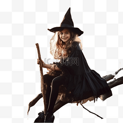 万圣节，假装女巫的女孩骑着扫帚