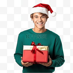戴帽子男人图片_戴着圣诞帽和复古衬衫的家伙拿着