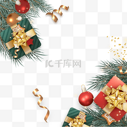 礼物盒子红色丝带图片_圣诞球和礼物盒金丝带搭配的边框