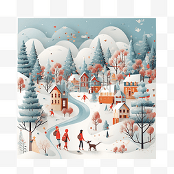 插画家庭风景图片_贺卡上有圣诞人物和装饰着圣诞元