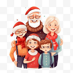 卡通女孩和老人图片_戴着圣诞帽的幸福大家庭