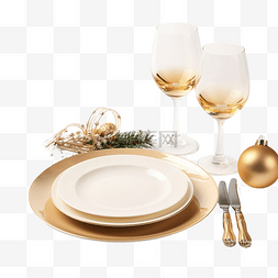 圣诞餐桌布置，配有盘子和香槟杯