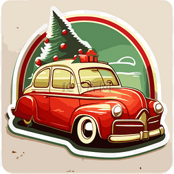 卡通复古汽车图片_复古汽车圣诞节装饰与圣诞树 向