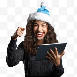 戴着圣诞帽的女孩在透明屏幕上触