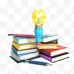 想法灯泡3d图片_3d 一堆书铅笔学习表示一个教育故