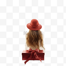 淑女帽图片_长发女孩戴着圣诞帽拿着礼盒看城