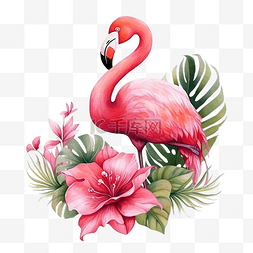 水彩叶子火烈鸟图片_粉红色的火烈鸟花水彩风格