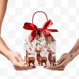 纸袋图片_手里拿着可爱的驯鹿装饰的圣诞礼