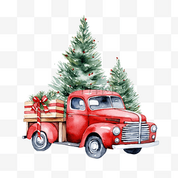 圣诞車图片_有松树和礼品盒的水彩红色圣诞卡