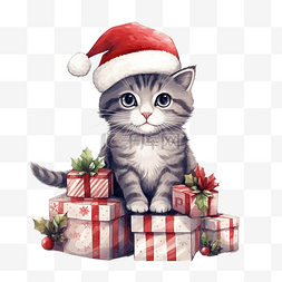 可爱的礼品盒图片_圣诞贺卡上有一只可爱的猫，戴着