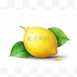 黄色柠檬旁边是带叶子的白色背景