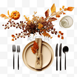 餐桌布格子布图片_平躺的感恩节餐桌布置，配有餐具