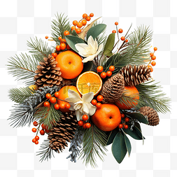 冬装饰图片_圣诞花束，配有橙子锥体和冷杉树