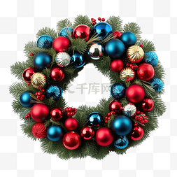 圣诞红色的球图片_圣诞花环装饰绿色松叶与红色蓝色