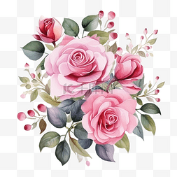 水和绿叶图片_水彩玫瑰花束鲜花布置和构图与玫