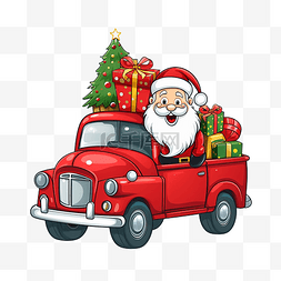 汽车背景复古图片_圣诞老人骑着红色汽车带着礼物