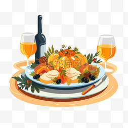 煮熟的食物卡通图片_餐桌上感恩节快乐菜单上的食物插