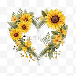 明亮花环图片_黄色向日葵野花和桉叶干树枝花束